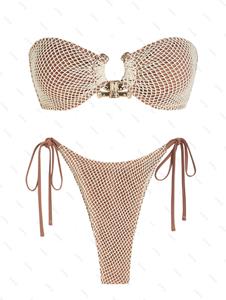 Zaful Metal O Ring Decor Lace Up Back Fishnet Tie Side Bandeau Tanga Bikini Set Two Piece Swimwear