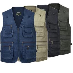 SUNSHINE E Mannen vest casual jas lente en herfst losse stijl katoen multi-pocket rits winddichte jas kraagloze mouwloze jas voor de mens