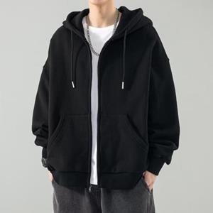 Manjianjing Men Autumn Winter Hoodie with Zipper Solid Color Long Sleeve Hooded Coat Male Cozy Stylish Outerwear