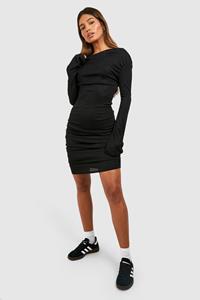 Boohoo Zachte Geribbelde Asymmetrische Mini Jurk Met Ruches, Black