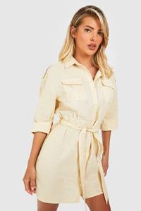 Boohoo Katoenen Blouse Jurk Met Utility Zakken, Stone