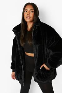 Boohoo Plus Oversized Faux Fur Jas Met Zak Detail, Black