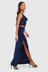 Boohoo Sequin Mid Rise Thigh Split Maxi Skirt, Navy