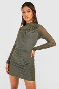 Boohoo Geplooide Mesh Mini Jurk Met Hoge Hals, Khaki