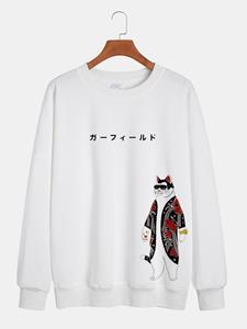 ChArmkpR Mens Japanese Cat Print Crew Neck Loose Pullover Sweatshirts