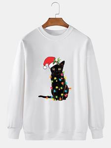 ChArmkpR Mens Christmas Hat Cat Print Crew Neck Pullover Sweatshirts