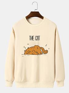 ChArmkpR Mens Cartoon Cat Letter Print Long Sleeve Pullover Sweatshirts