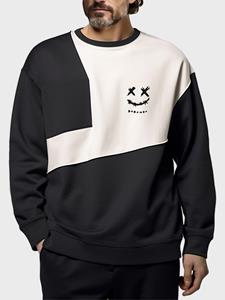 ChArmkpR Mens Smile Face Print Contrast Patchwork Crew Neck Pullover Sweatshirts