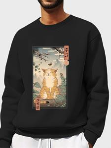 ChArmkpR Mens Japanese Cat Landscape Ukiyoe Print Crew Neck Pullover Sweatshirts