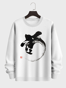 ChArmkpR Mens Chinese Character Ink Print Crew Neck Pullover Sweatshirts