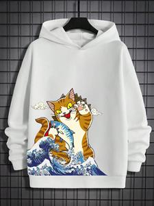 ChArmkpR Mens Japanese Wave Cat & Fish Print Long Sleeve Hoodies Winter