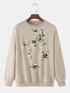 ChArmkpR Mens Chinese Style Floral Print Crew Neck Pullover Sweatshirts Winter