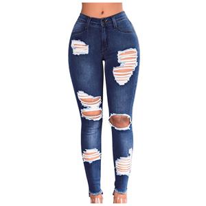 One Chance (SU)Women Slim Plus Size Ripped Hole Gradient Long Jeans Denim Regular Pants