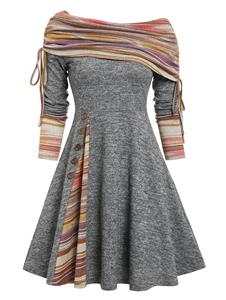 Dresslily Plus Size Dress Convertible Neck Cinched Colored Striped Print Flare A Line Dress