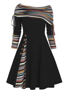 Dresslily Plus Size Dress Convertible Neck Cinched Colored Striped Print Flare A Line Dress