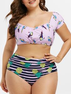 Dresslily Plus Size Bird Pineapple Print High Rise Two Piece Swimsuit