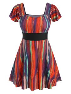 Dresslily Plus Size Flutter Sleeve Colorful Striped Skirted Two Piece Swimwear