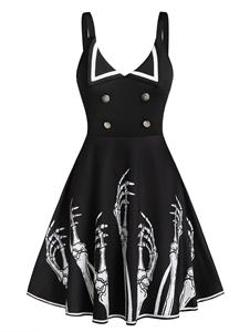 Dresslily Hand Skeleton Print Mock Button Cami A Line Dress