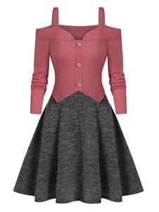 Dresslily Cold Shoulder Button Faux Twinset Mini A Line Dress