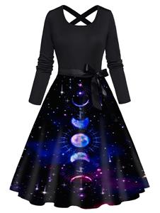 Dresslily Moon Phase Galaxy Print Long Sleeve Combo Dress Bowknot Belt Cross High Waist A Line Dress