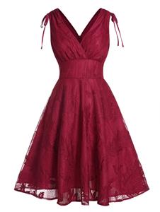 Dresslily Jacquard Lace Overlap Party Dress Surplice Plunging Neck Cinched High Waist Midi Dress