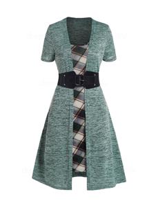 Dresslily Space Dye Plaid Print Panel Faux Twinset Dress Belted High Waisted A Line Mini Twofer Dress