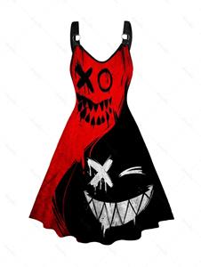 Dresslily Gothic Colorblock Devil Smiling Print Dress V Neck O Ring A Line Dress