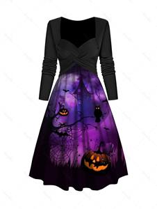 Dresslily Halloween Gothic Pumpkin Print Dress Sweetheart Collar A Line Midi Dress