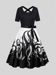 Dresslily Colorblock Octopus Print Dress Belt Crossover A Line Casual Midi Dress