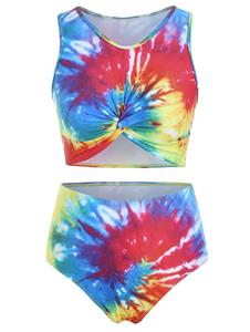 Dresslily Tummy Control Tankini Swimsuit Bright Swimwear Tie Dye Twisted Summer Beach Bathing Suit