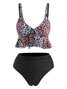 Dresslily Leopard Butterfly Print Knot Ruched Tankini Swimwear