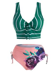 Dresslily Tummy Control Flower Stripe Vacay Swimsuit Tied Cinched High Waist Tankini Swimwear