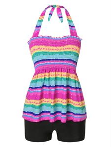 Dresslily Striped Rainbow Smocked Boyshort Tankini Swimwear