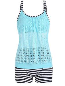 Dresslily Modest Tankini Swimsuit Striped Print Swimwear Lace Cut Out Boyshorts Summer Beach Bathing Suit