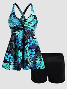 Dresslily Tropical Tankini Swimsuit Twisted Flower Leaf Print Swimwear Crisscross Boyshorts Modest Bathing Suit