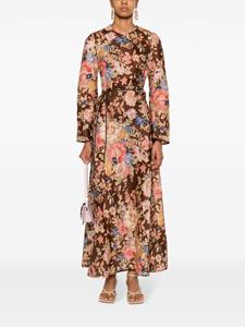 Zimmermann August floral-pattern belted linen midi dress - Bruin