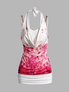 Dresslily Floral Print Halter Neck Tank Top Chain Strap Cinched Casual Faux Twinset Top