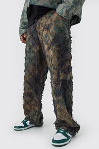 Boohoo Plus Fixed Waist Relaxed Oil Camo Cargo Tapestry Trouser, Olive