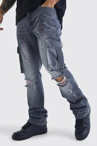 Boohoo Onbewerkte Gescheurde Slim Fit Flared Jeans Met Cargo Zakken, Mid Grey