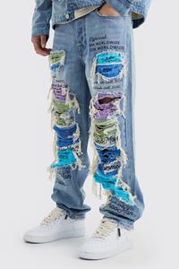 Boohoo Onbewerkte Onbewerkte Contrast Gescheurde Baggy Jeans, Vintage Blue