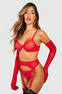 Boohoo Sparkle Lingerie And Suspender Set With Gloves, Red