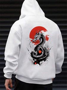 ChArmkpR Mens Japanese Red Sun Dragon Back Print Long Sleeve Hoodies Winter