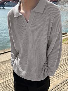 INCERUN Mens Solid Rib-Knit Casual Long Sleeve Golf Shirt