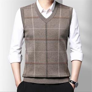 Fashion Choice Men Fall Spring Sweater Vest Knitted Loose Pullover V Neck Plaid Print Elastic Soft Warm Mid-aged Father Grandfather Sweater Vest