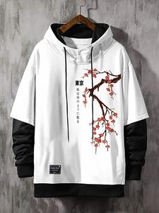 ChArmkpR Mens Japanese Cherry Blossoms Print Contrast Patchwork Drawstring Hoodies Winter