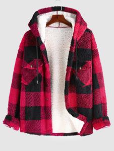 Zaful Men's Checkerboard Plaid Pattern Winter Warmth Fluffy Faux Fur Hooded Jacket