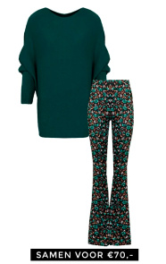 Jurkjes Deal Debby Sweater + Janine Flared Broek Flower Smaragd