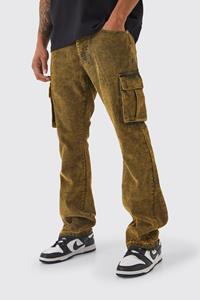Boohoo Slim Flare Acid Wash Cargo Cord Trouser, Khaki