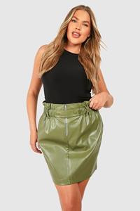 Boohoo Plus Pu Mini Rokje Met Geplooide Taille, Khaki