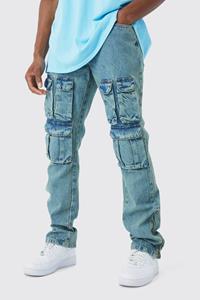 Boohoo Onbewerkte Gebleekte Slim Fit Flared Cargo Jeans Met Rits En Gusset Detail, Antique Blue